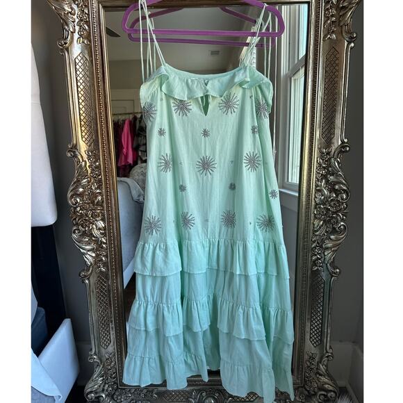 SUNDRESS Revolve Rare Mint Green Beaded Star Tiered Midi Dress XS/S - Picture 4 of 9